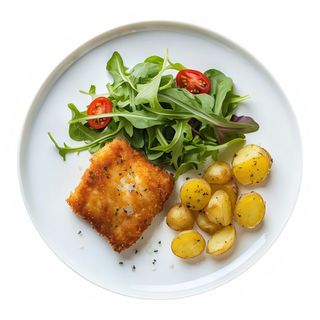 Plato Merluza Empanada, Ensalada y Patatas