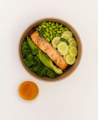 Bowl with Norwegian salmon, wild and whole-grain rice