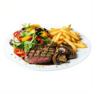 Bistec De Ternera, Champiñones, Pimiento, Ensalada Y Patatas Fritas
