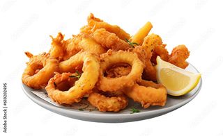 Inele de calamar pe pat de rucola si rosii cherry