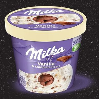Tarrina  helado vainilla, chocolate con leche y trozos de chocolate Milka