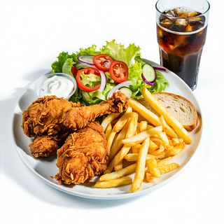 Bandeja pollo frito con patatas y ensalada + refresco + pan