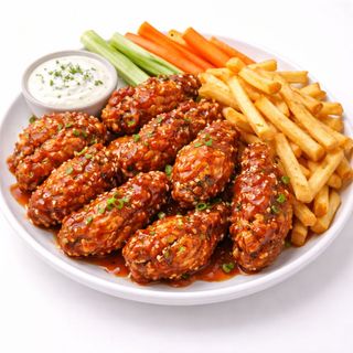 Buffalo Honey Seasoned Fried Chicken Wings With French Fries