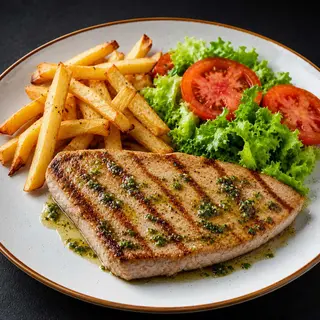 Solomillo De Atún con patatas y ensalada