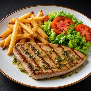 Solomillo De Atún con patatas y ensalada