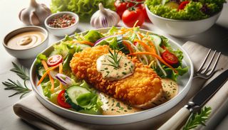 Crispy cu salată și sos de usturoi