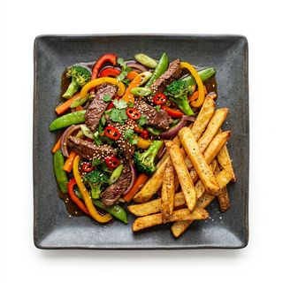 Beef stir fry with chips