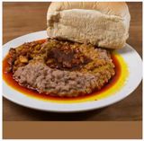 Ewa Agoyin, Plantain, & Bread With Bottle Water