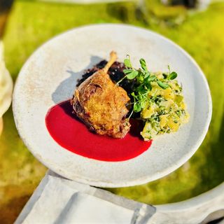 Pulpa de rata cu piure de cartofi cu trufe si sos de fructe