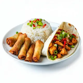 Rollo De Primavera, Arroz Frito Y Tortilla Con Pollo