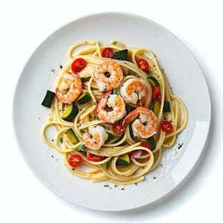 132. Spaghetti con verdure e gamberi