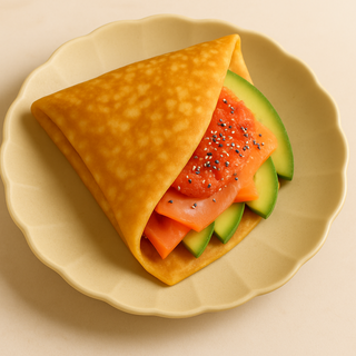Crep con aguacate,salmón ahumado y tomate triturado con semillas de chía