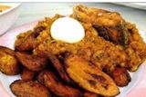 Porridge beans, plantain, Titus fish and one boiled egg 