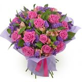 Buchet (1012)din 21 trandafiri roz, alstroemeria si limonium mov