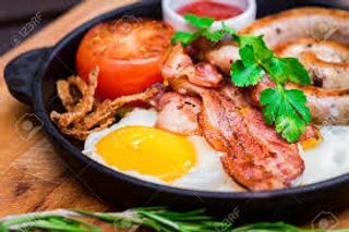 Fried Eggs, Sausage, Bacon & Tomato