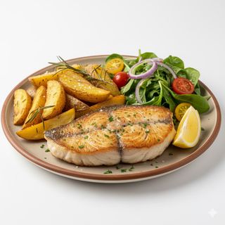 Trancio di ricciola con patate al forno e insalata mista