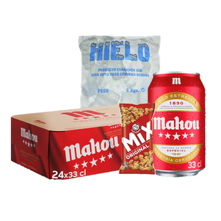Pack Sabor 24 Mahou cinco estrella lata 33cl + Frutos Secos + Hielo