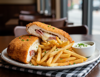 Gordon bleu cu cartofi prăjiți și sos de usturoi