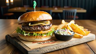 Burger black angus, cartofi wedges și salată coleslaw