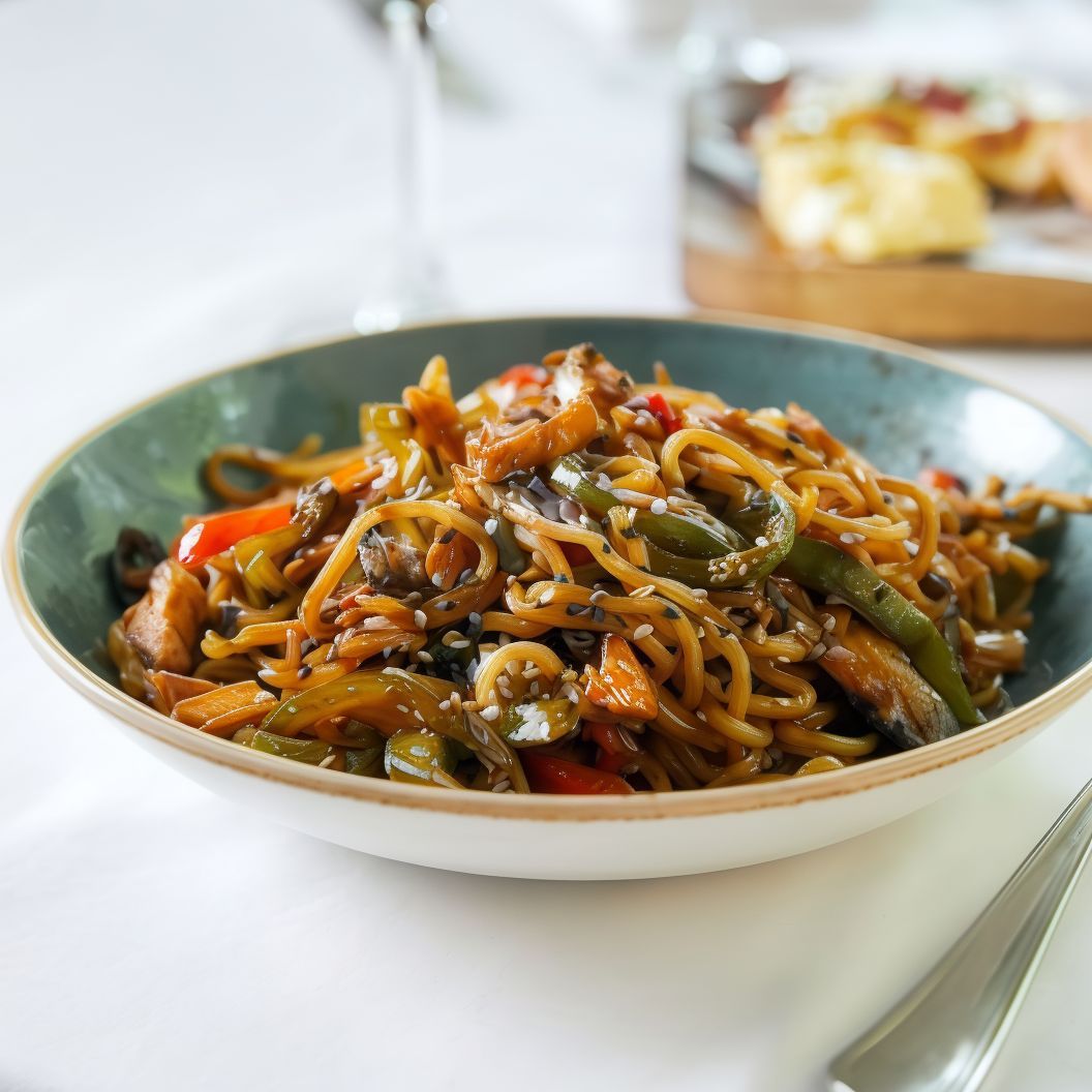 Fideos yakisoba con verduritas y pollo salteado