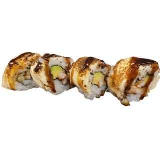 81. Uramaki Queso Flameado Con Pollo, Aguacate Y Pepino (4 Uds.)