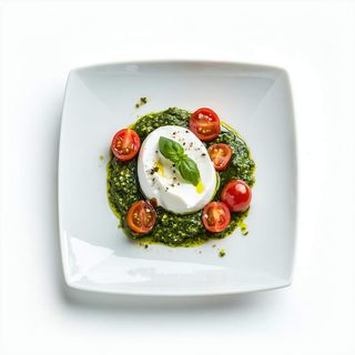 Burrata Fresca Con Pomodori Cherry Y Pesto A La Genovese