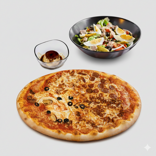 Pizza Moitié-Moitié + Salade Niçoise + Crème Caramel