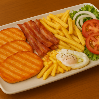 Plato De Lomo, Bacon, Patatas Fritas Y Ensalada Mixta