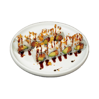 90. Uramaki De Salmón Con Aguacate Y Queso Con Cebolla Frita (8 Uds.)