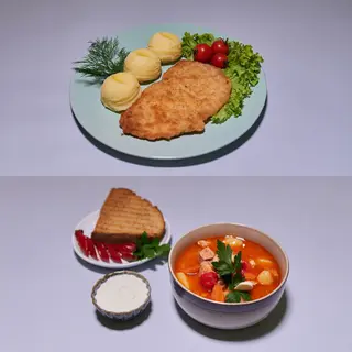 Zupa do wyboru + Kotlet schabowy z kurczaka z dodatkiem do wyboru