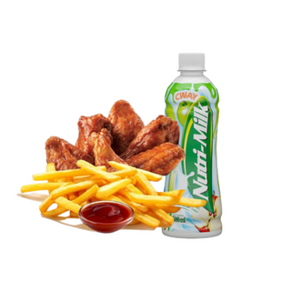 Fries, chicken thighs, nutri milk and ketchup 