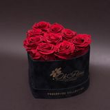 9 trandafiri criogenați roșii în inimă de catifea