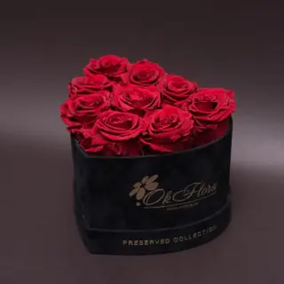 9 trandafiri criogenați roșii în inimă de catifea