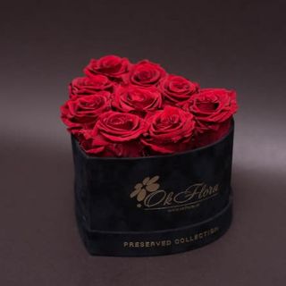 9 trandafiri criogenați roșii în inimă de catifea