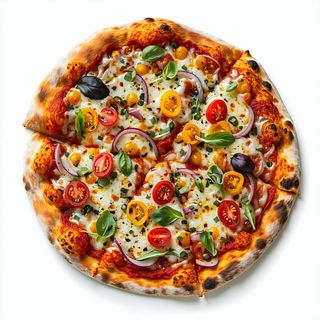 Pizza con mozzariso, pomodorini, mais, rucola e olive