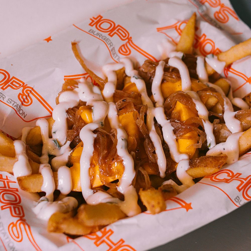 Animal Style Fries: patatine con cipolla in piastra, cheddar e salsa Mr Chipotle