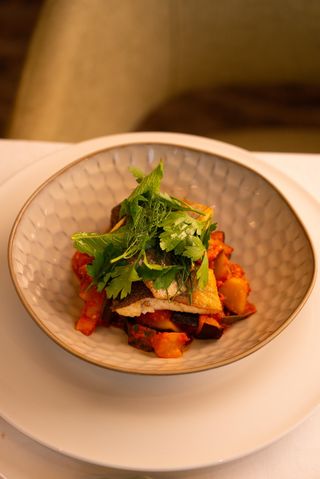 Pastrav, ratatouille de legume, salata de ierburi aromatice