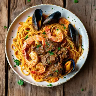 Seafood Spaghetti + Goat Meat