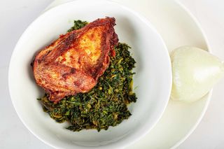 Vegetable soup + Pounded yam + chicken