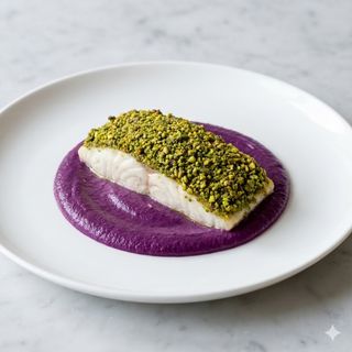 Spigola in crosta di pistacchi su crema di cavolo rosso e polvere di olive nere