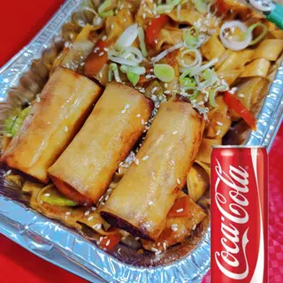 STIR FRIED FLAT NOODLES WITH 3 PCS SPRING ROLL  COCA COLA
