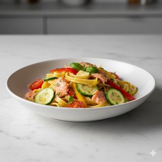 Tagliatelle al salmone fresco e fantasia di verdure