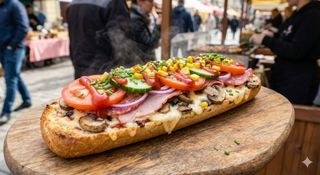 Zapiekanka z szynką, salami i warzywami