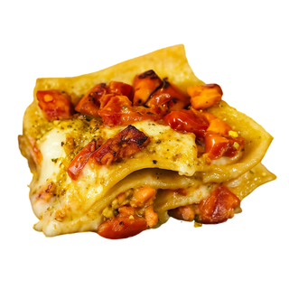 Lasaña de salmón, pistacho y tomate cherry 