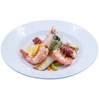 Mix de pește, crustacee la grătar și legume