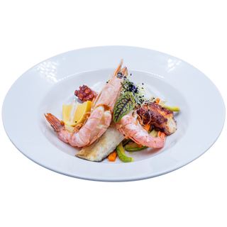 Mix de pește, crustacee și moluşte la grătar, legume