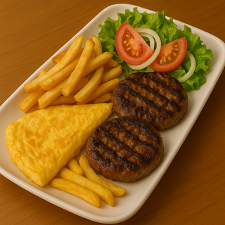 Plato De 2 Hamburguesas, Tortilla Francesa, Patatas Fritas y Ensalada