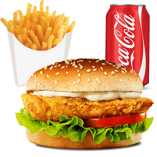 Chicken Burguer Menus vem com bebida e batatas fritas