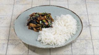 ბადრიჯანი ტკბილ-ცხარე სოუსით + ბრინჯი ბასმათი (სამარხვო)