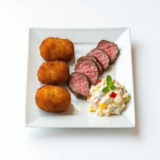 Tres Croquetas De Jamón, Filetes De Lomo Y Ensaladilla Rusa.